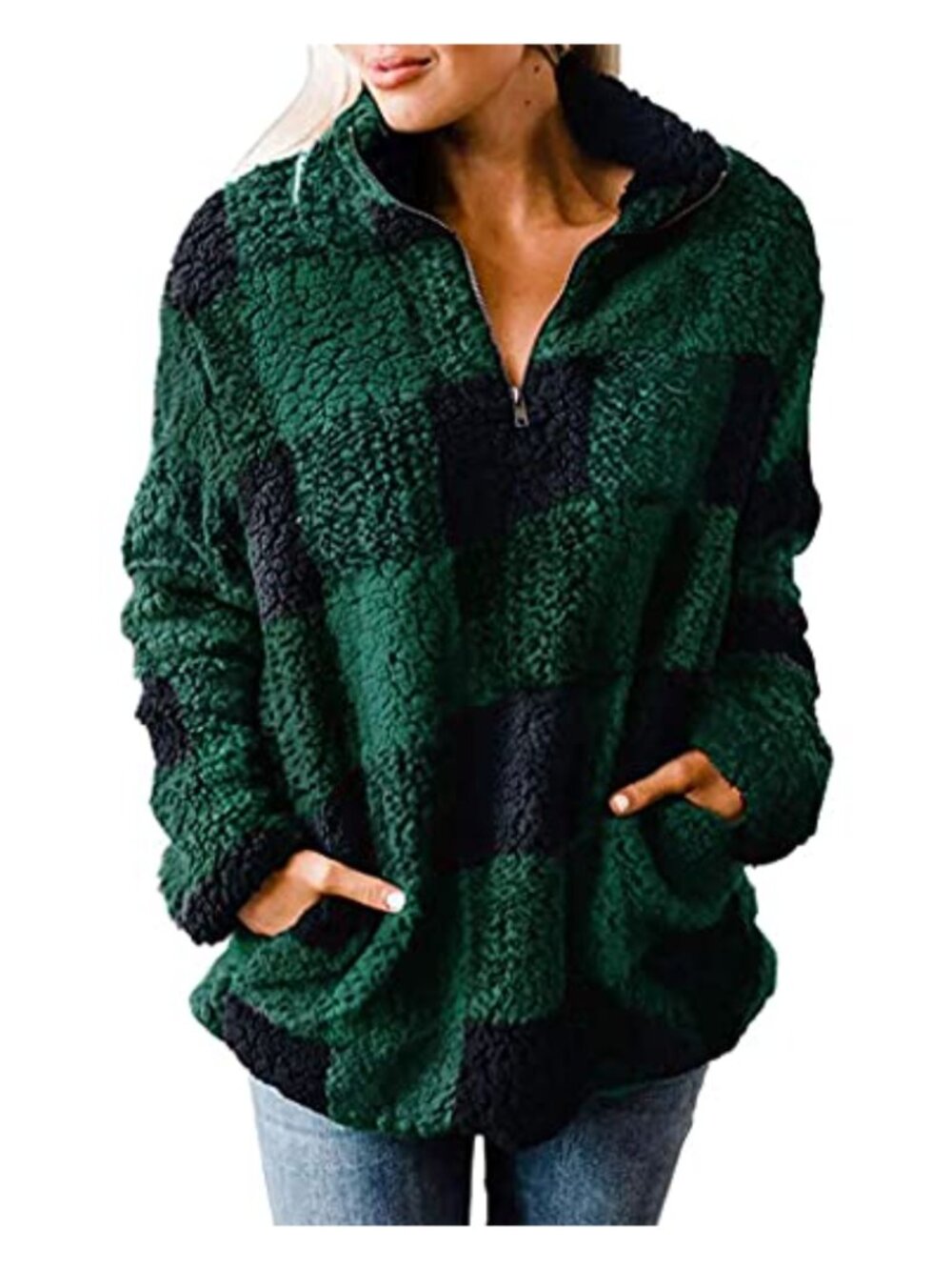 Plaid Sherpa Fleece Quarter Zip Sweatshirt Long Sleeve Pockets Pullover Jacket